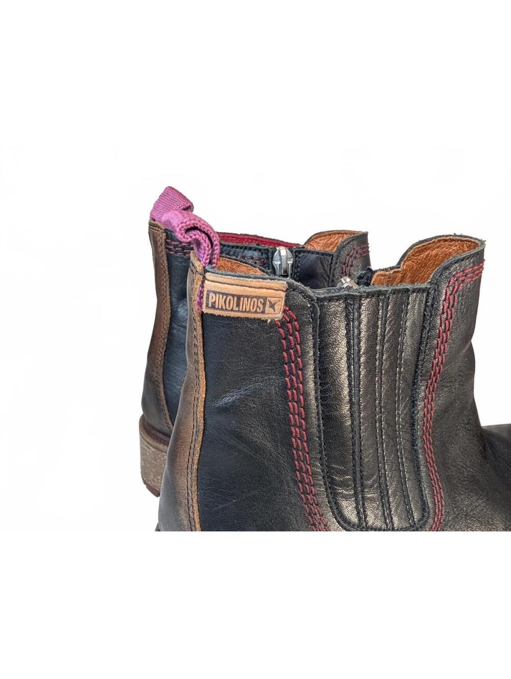 Pikolinos Aspe Black Leather Chelsea Boots w/Red Stitching Rugged‎ Lug Soles 38 - Picture 3 of 6
